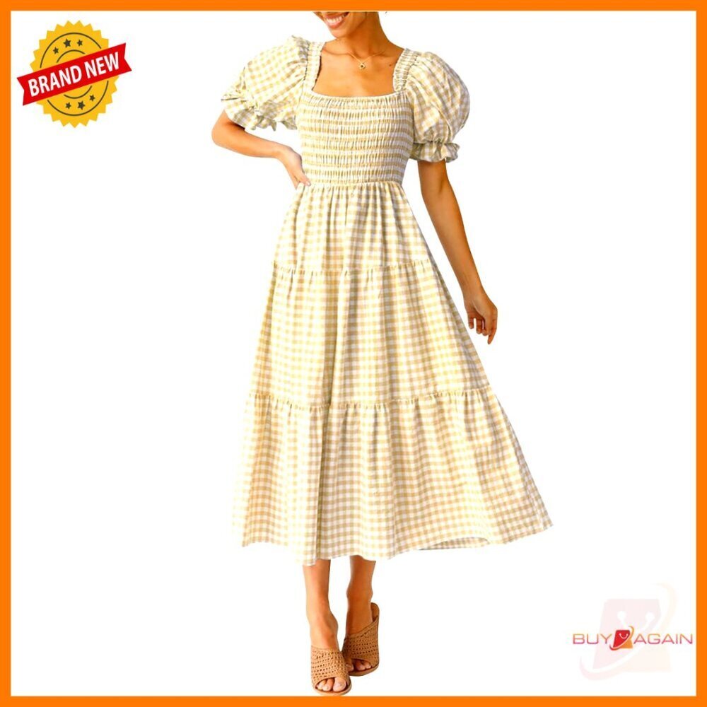 Bohemian Summer Square Neck Puff Sleeve Ruffle Flowy Midi Dress Chic